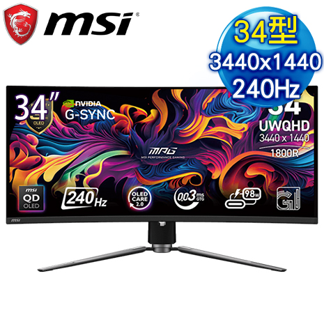 MSI 微星 MPG 341CQPX QD-OLED 34型 UWQHD 240Hz 曲面電競螢幕(HDMI/DP/Type-C)