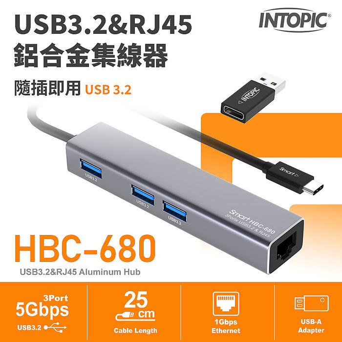 INTOPIC USB3.2&RJ45鋁合金集線器 (HBC-680)