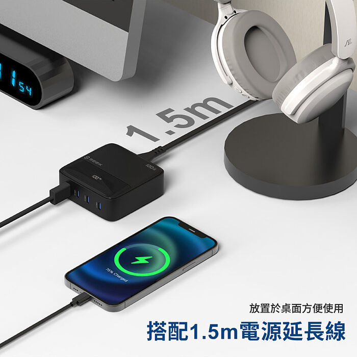 SEEK 100W GaN電源供應器/快充充電頭(CU-P1002) 1.5M電源延長線