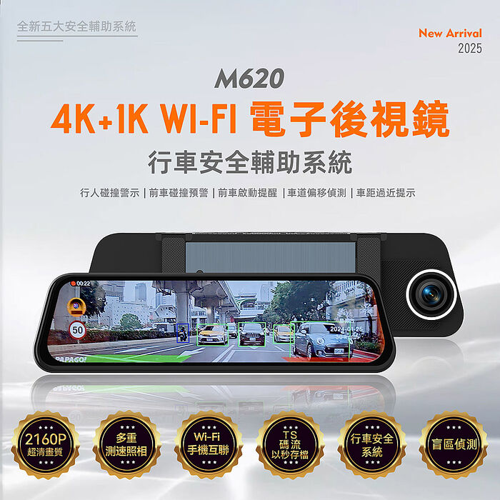 PAPAGO M620 4K+1K WIFI 行車安全輔助 電子後視鏡 行車紀錄器(測速照相/盲區偵測/行車記錄器)-送64G