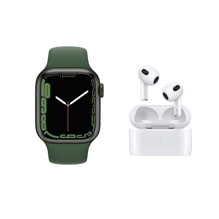 【超值組合】Apple Watch Series 7 GPS版 41mm 綠色鋁金屬錶殼配綠色運動錶帶+Airpods 3