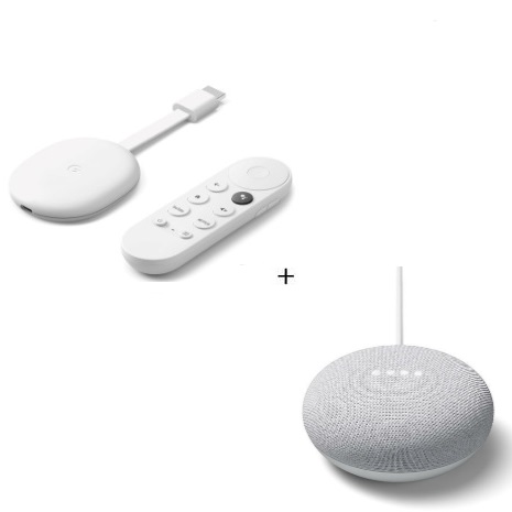 Google Chromecast(支援Google TV)-(白)+ Google Nest Mini 中文化智慧音箱 (粉炭白)