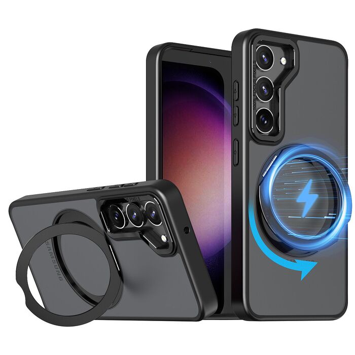Samsung S25+/S24+ 合金框旋轉立架磁吸殼-黑