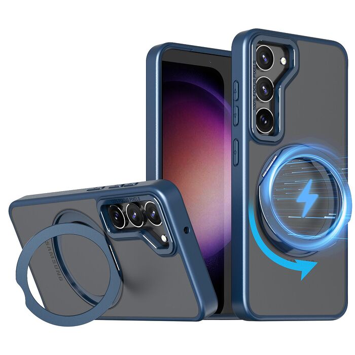 Samsung S25+/S24+ 合金框旋轉立架磁吸殼-藍