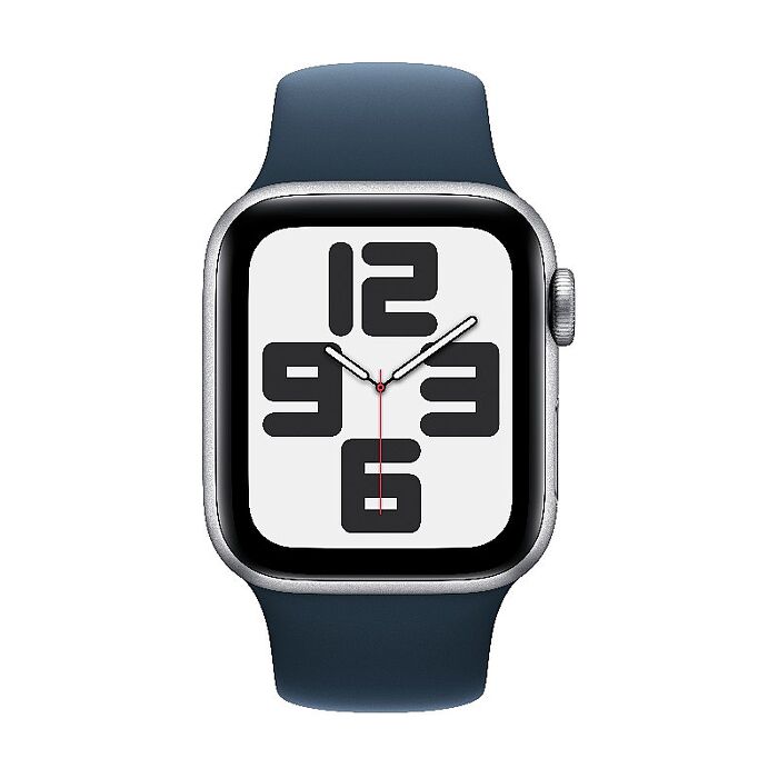 Apple Watch SE(2023) GPS版 40mm(S/M)銀色鋁金屬錶殼配風暴藍色運動錶帶(MRGJ3TA/A)【全新出清品】