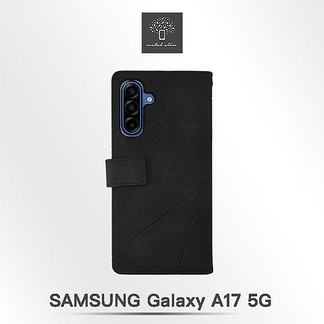 Samsung A17(5G) 幾何造型膚感雙料撞色前扣磁吸皮套-黑