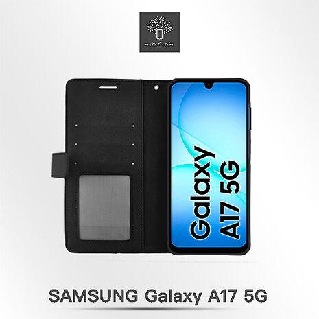 Samsung A17(5G) 幾何造型膚感雙料撞色前扣磁吸皮套-黑