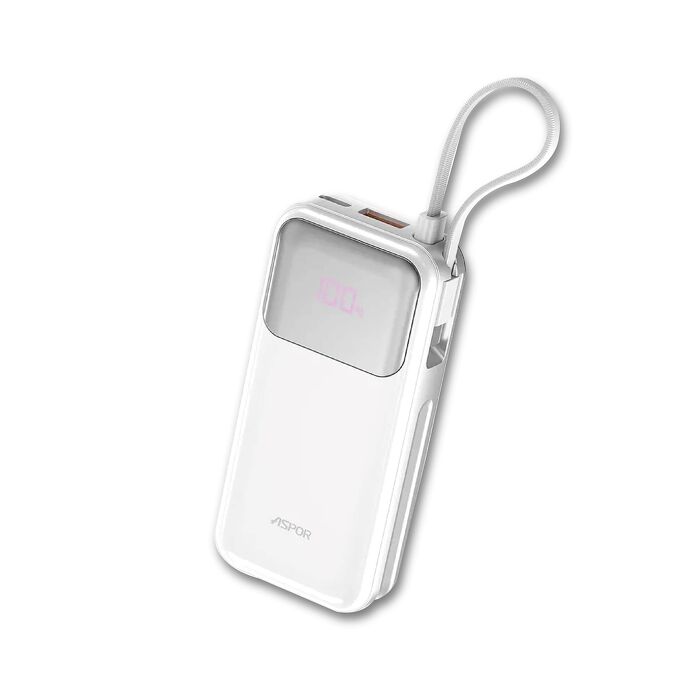ASPOR 10000mAh 30W自帶線雙向快充行動電源-白