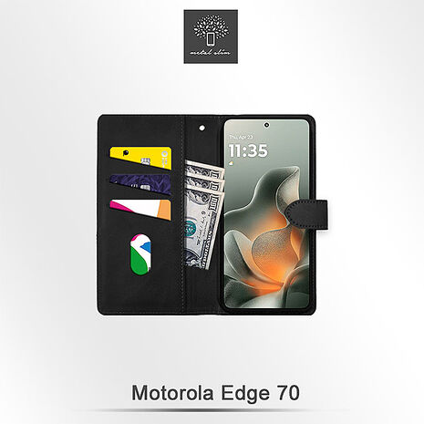 Moto Edge 70 精裝撞色高仿小牛皮前扣磁吸皮套-黑