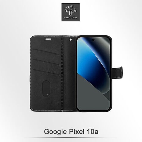 Google Pixel 10a 精裝撞色高仿小牛皮前扣磁吸皮套-黑
