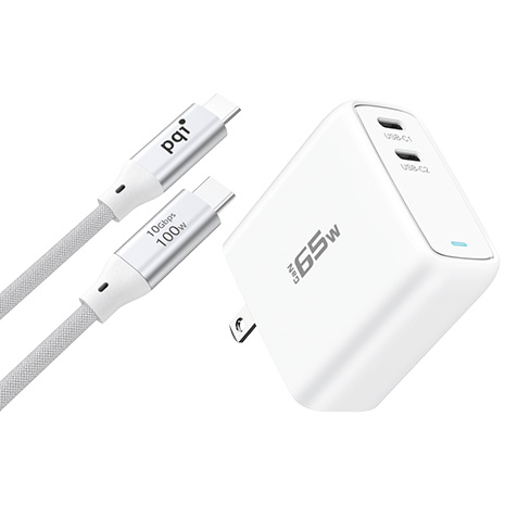PQI 65W GaN 雙USB-C快速充電器+USB-C to C編織線組合包-白