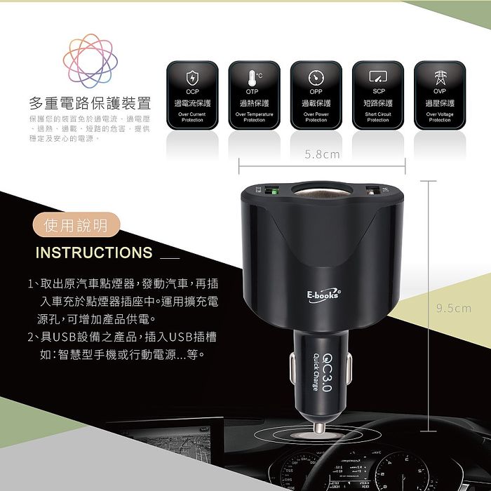 E-books B63 車用擴充QC3.0+2.1A雙USB快速充電器-搶購