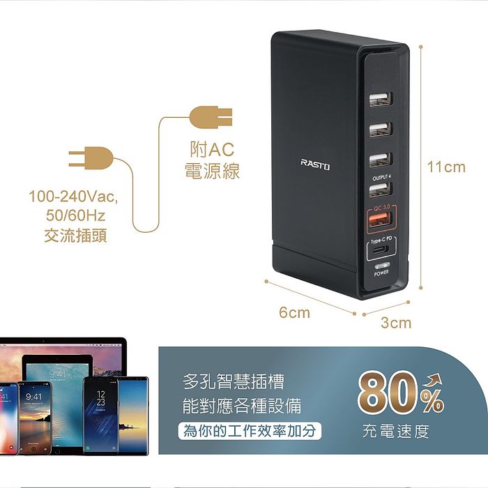 RASTO RB14 40W大功率PD+QC3.0六孔快速充電器(活動)(買就送AtoC充電線1條)
