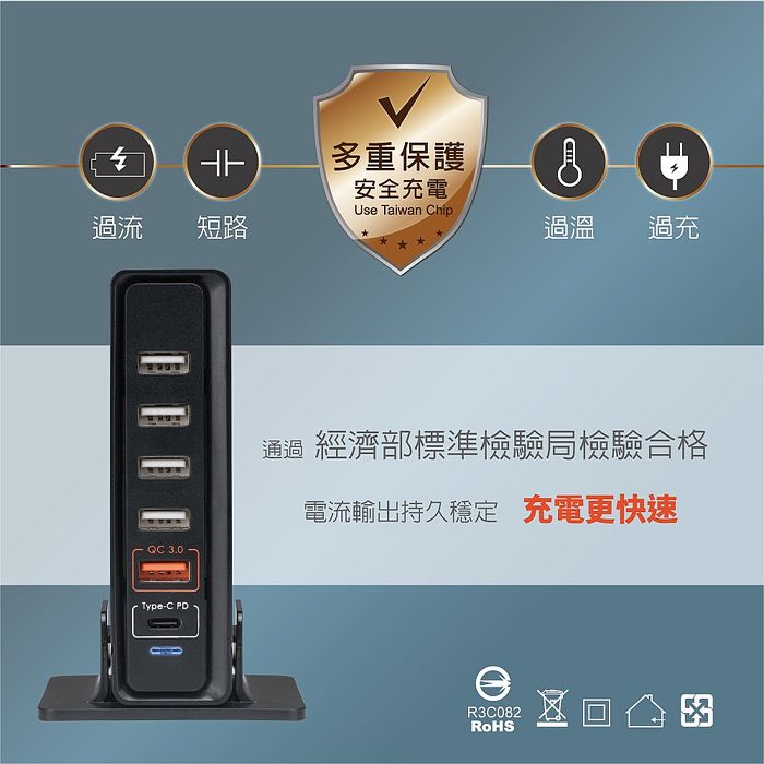 RASTO RB14 40W大功率PD+QC3.0六孔快速充電器(活動)(買就送AtoC充電線1條)