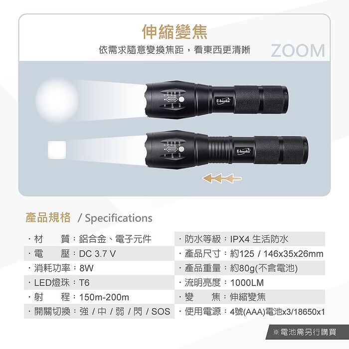 E-books F4 五段調光LED變焦手電筒