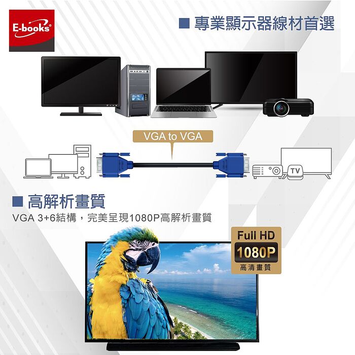 E-books XA19 VGA公對公高畫質訊號連接線-2M