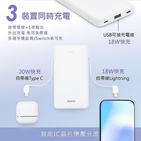 RASTO RB34 自帶雙線三輸出快充版行動電源/38Wh (活動)_台灣製造