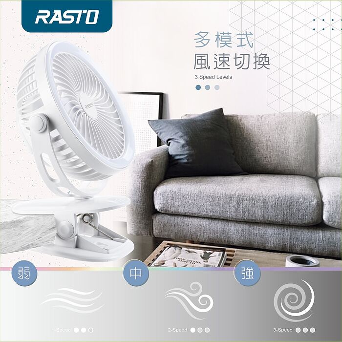 RASTO RK17 無極調光三段風速360度翻轉夾式USB風扇