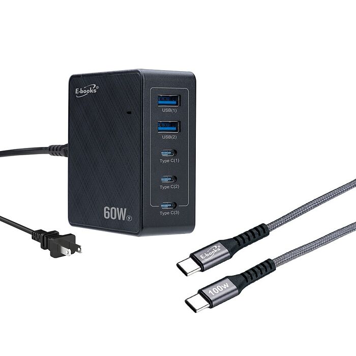 E-books B76 60W長線型五孔快速充電器+100W 鋁合金C to C快充傳輸線組(台灣製造)