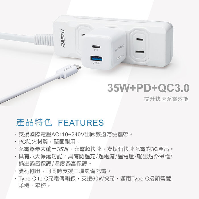 (台灣製造) RASTO RB39 35W GaN PD+QC智慧充電器+ 60W C to C 快充傳輸線組(活動)