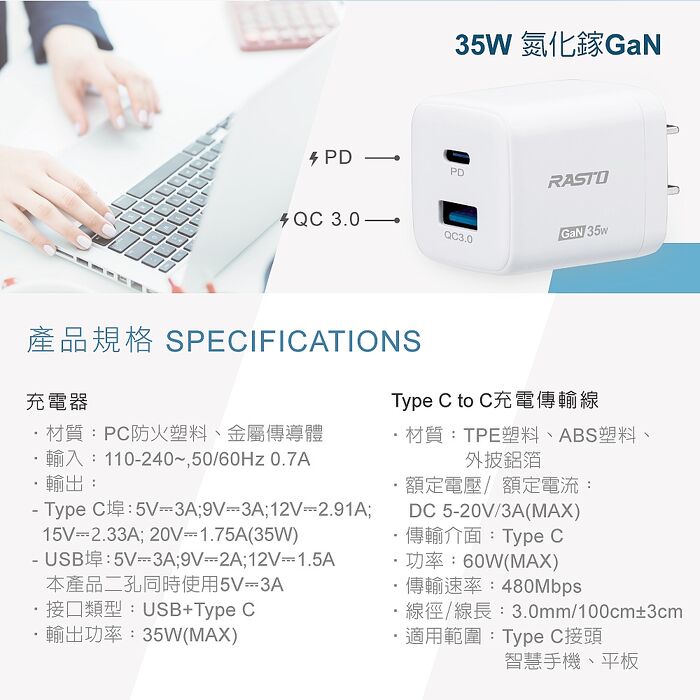 (台灣製造) RASTO RB39 35W GaN PD+QC智慧充電器+ 60W C to C 快充傳輸線組(活動)