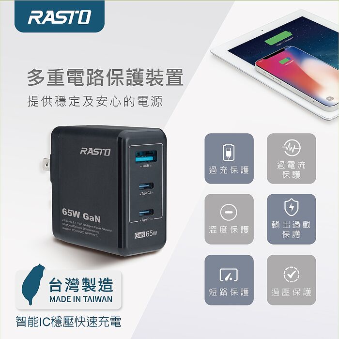 【台灣製造】RASTO RB40 65W GaN氮化鎵三孔極速充電器 + 100W C to C 鋁製快充傳輸線組(活動)(買就送AtoC充電線1條)