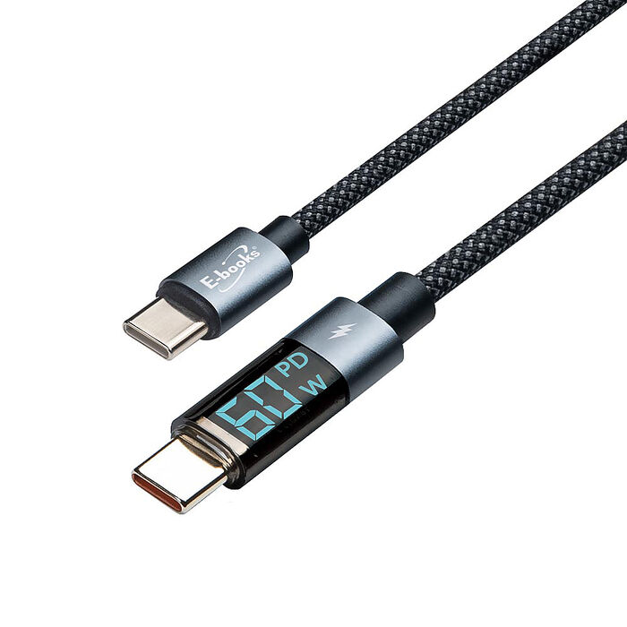 E-books XA52 鋁製 Type C to C 60W數位顯示充電傳輸線-1M