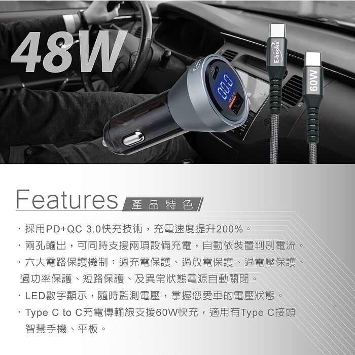 E-books 車用48W PD數位顯示充電器+60W C to C 傳輸充電線(B88)_搶購