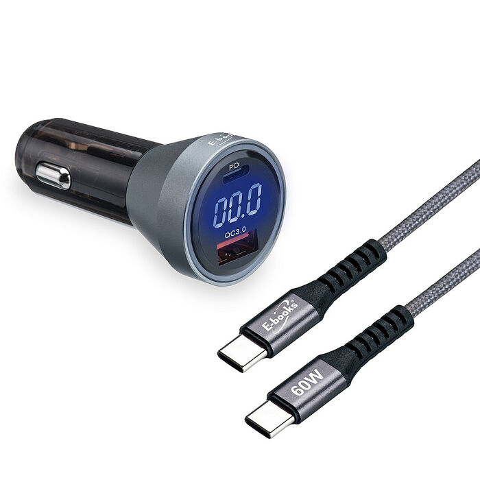 E-books 車用48W PD數位顯示充電器+60W C to C 傳輸充電線(B88)_搶購