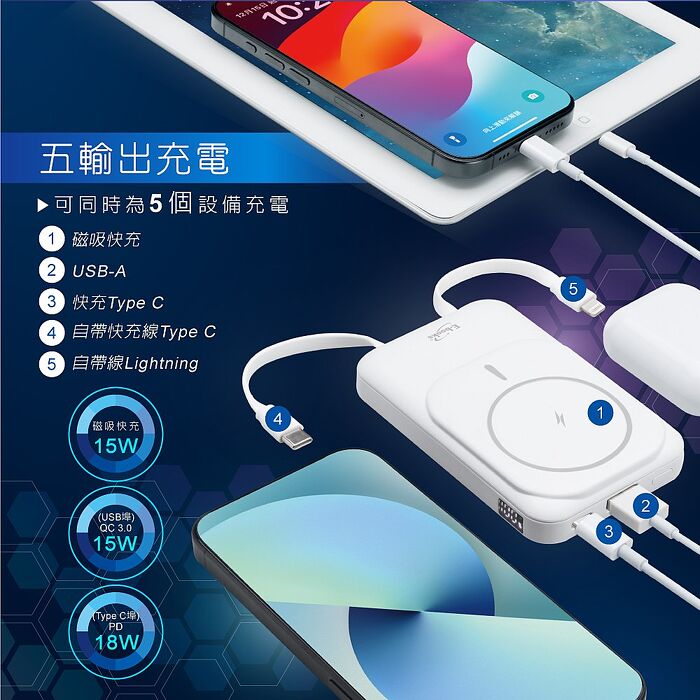 E-books B101磁吸自帶雙線五輸出無線充電快充行動電源(台灣製造)