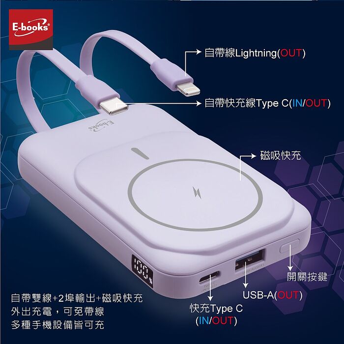 E-books B101磁吸自帶雙線五輸出無線充電快充行動電源(台灣製造)