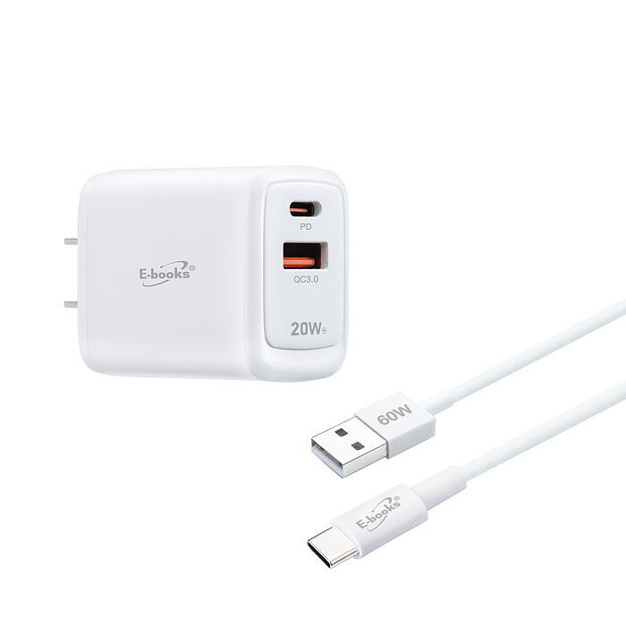 E-books B77 20W智能電流 PD+QC 3.0 雙孔快速充電器 + 60W A to C 快充傳輸線組