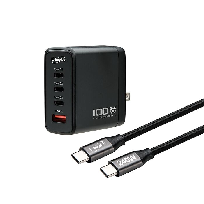 E-books B95100W氮化鎵四孔充電器+ 240W C to C 快充傳輸線組(台灣製造)