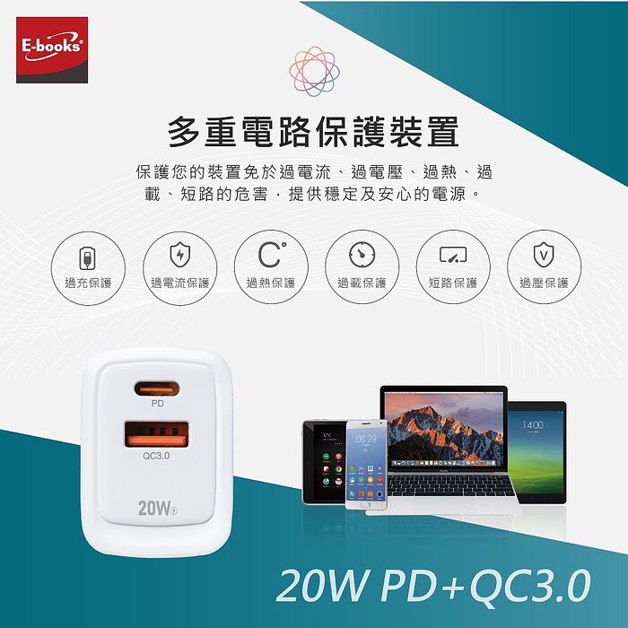 E-books B111 智能穩壓 20W PD+QC3.0雙孔快速充電器