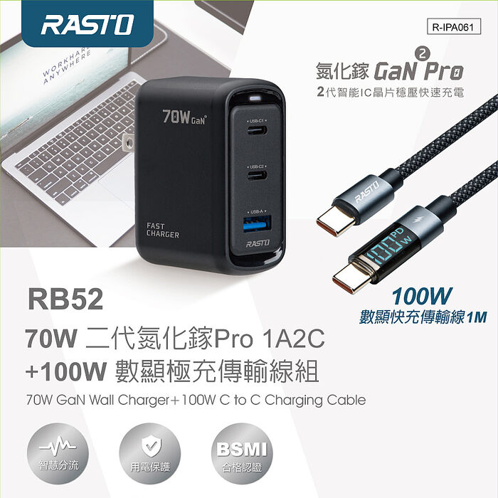RASTO RB52 70W 二代氮化鎵Pro 1A2C + 100W 數顯極充傳輸線組
