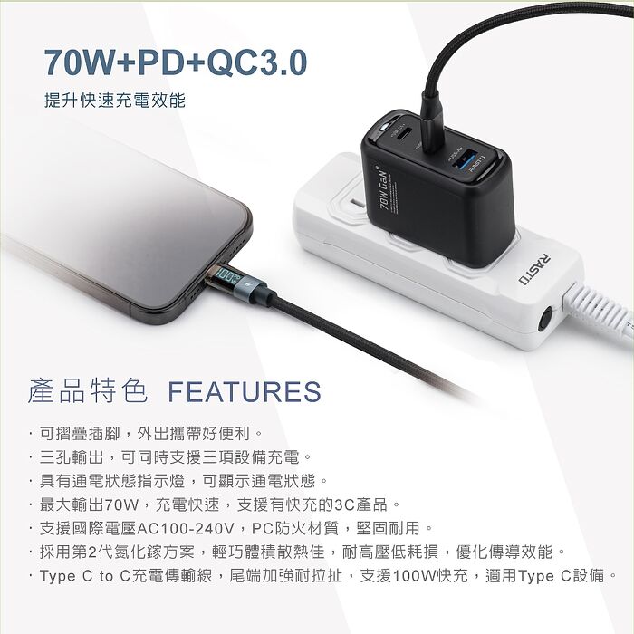 RASTO RB52 70W 二代氮化鎵Pro 1A2C + 100W 數顯極充傳輸線組