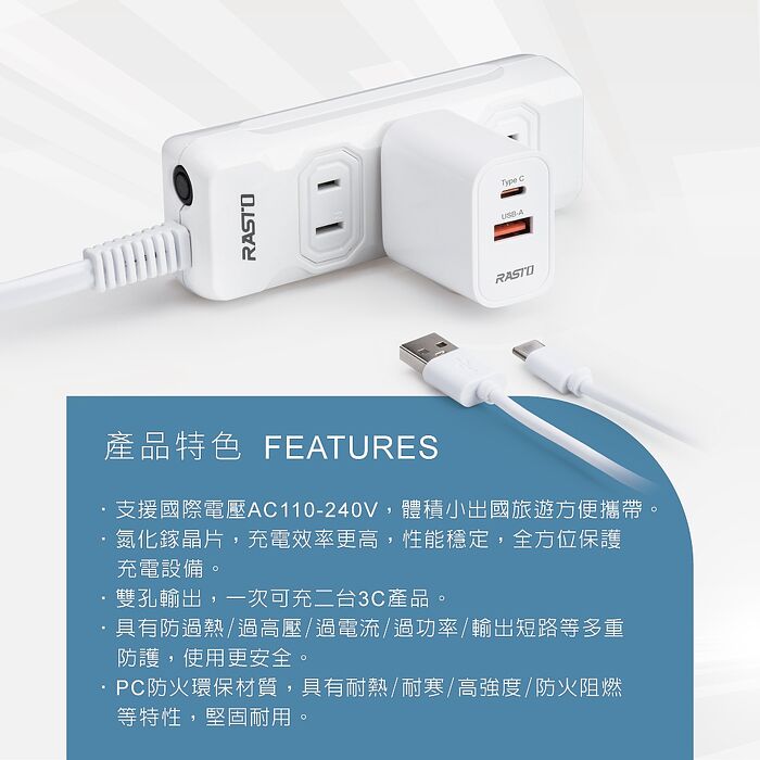 RASTO RB54 25W氮化鎵智能PD+QC3.0快速充電器