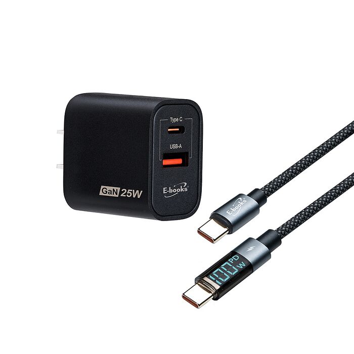 E-books B112 25W 氮化鎵PD+QC + 100W C to C 閃充數顯傳輸線組