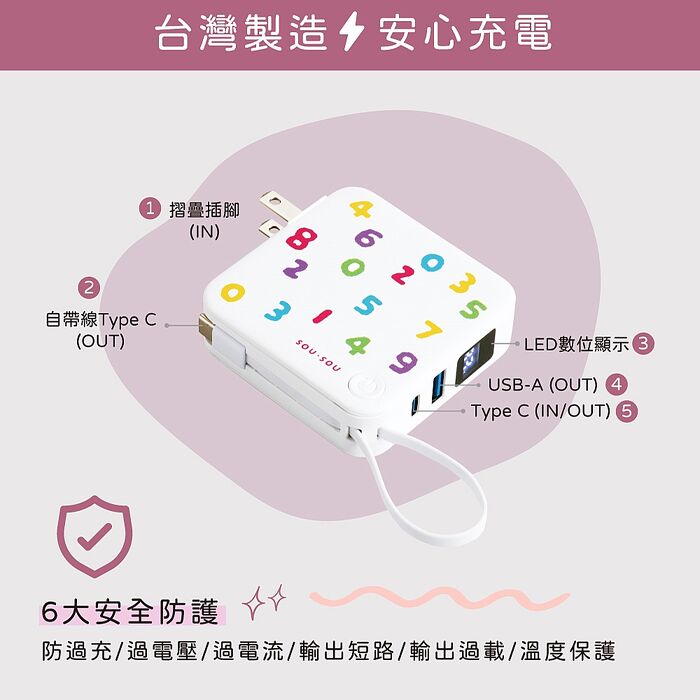 SOU．SOU十數昆 台灣製造 AC插座自帶線三輸出數顯快充行動電源22.2Wh