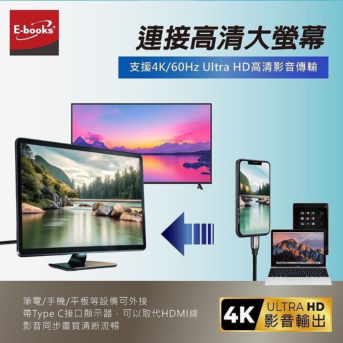 E-books XA65 USB4鋁製240W 20Gbps C to C  + 4K影音四合一快充傳輸線-1M