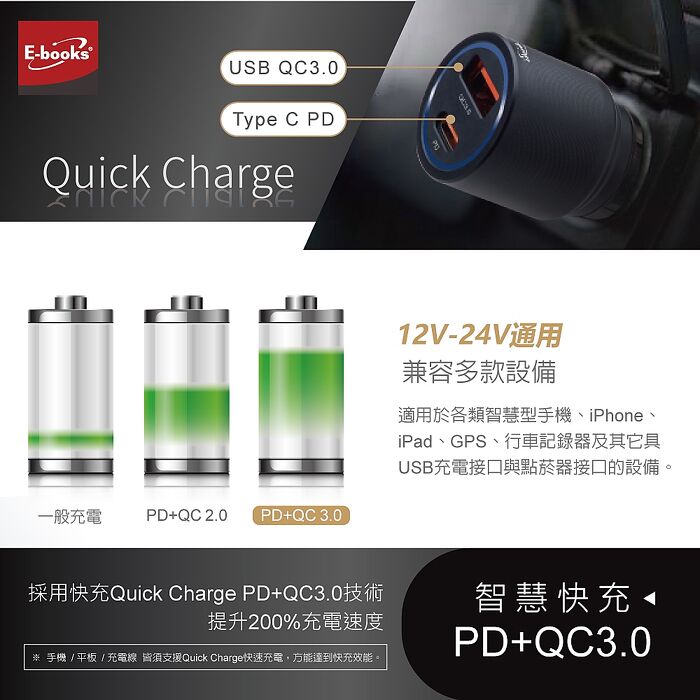 E-books B103 車用30W PD+QC3.0+60W C to C 快充傳輸充電組