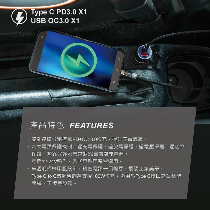 RASTO RB49 車用30W PD+QC3.0+100W C to C數顯快充傳輸充電組