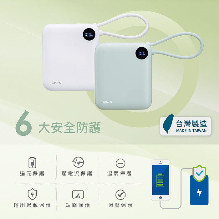 RASTO RB55 數顯自帶線二輸出雙向快充10000mAh行動電源_台灣製造(買就送AtoC充電線1條)
