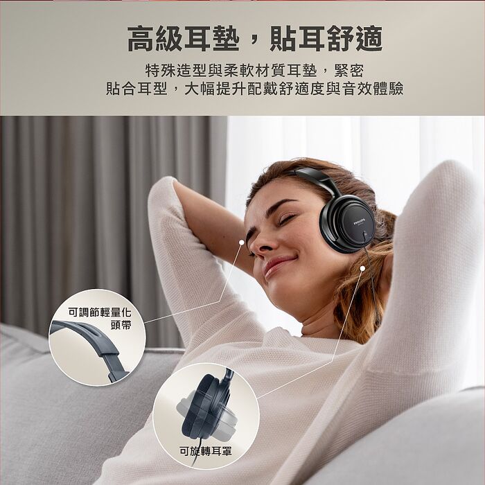 PHILIPS 強勁40mm單體HI-FI立體聲耳罩式有線音效耳機-SHP2100