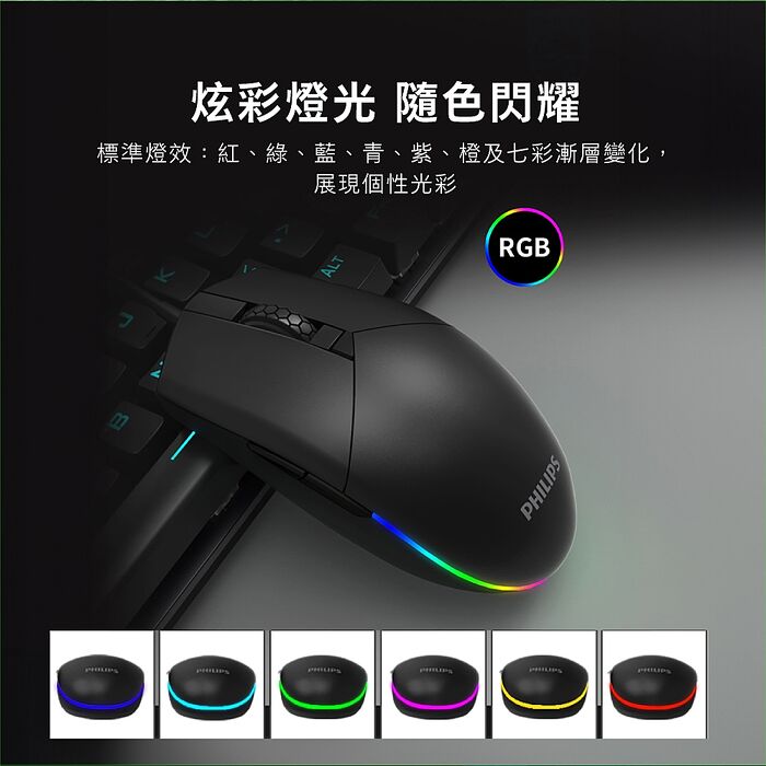 PHILIPS RGB炫彩6鍵式有線6400DPI滑鼠-SPK9304