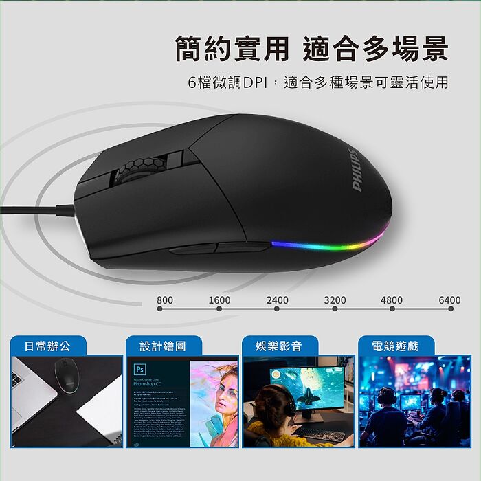 PHILIPS RGB炫彩6鍵式有線6400DPI滑鼠-SPK9304