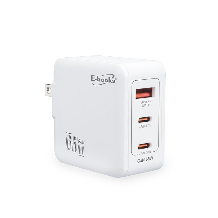 E-books B80 65W氮化鎵PD+QC3.0三孔快速充電器_台灣製造