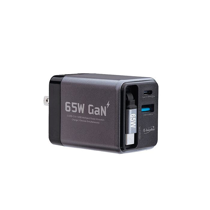 E-books B147 65W氮化鎵自帶磁吸伸縮65W快充線三輸出充電器_台灣製造