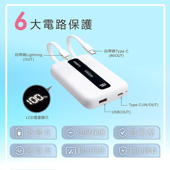 RASTO RB67 固態防爆不燃燒自帶雙線9900mAh行動電源(買就送CtoL充電線1條)