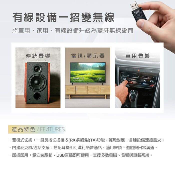 E-books Y4 支援通話二合一免驅動藍牙5.4接收發射器